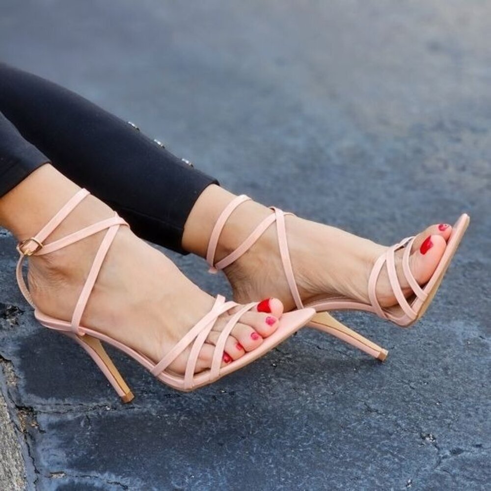 Nude Strappy Open Pointed Toe High Heels for Women Ankle Strap Adjustable Buckle